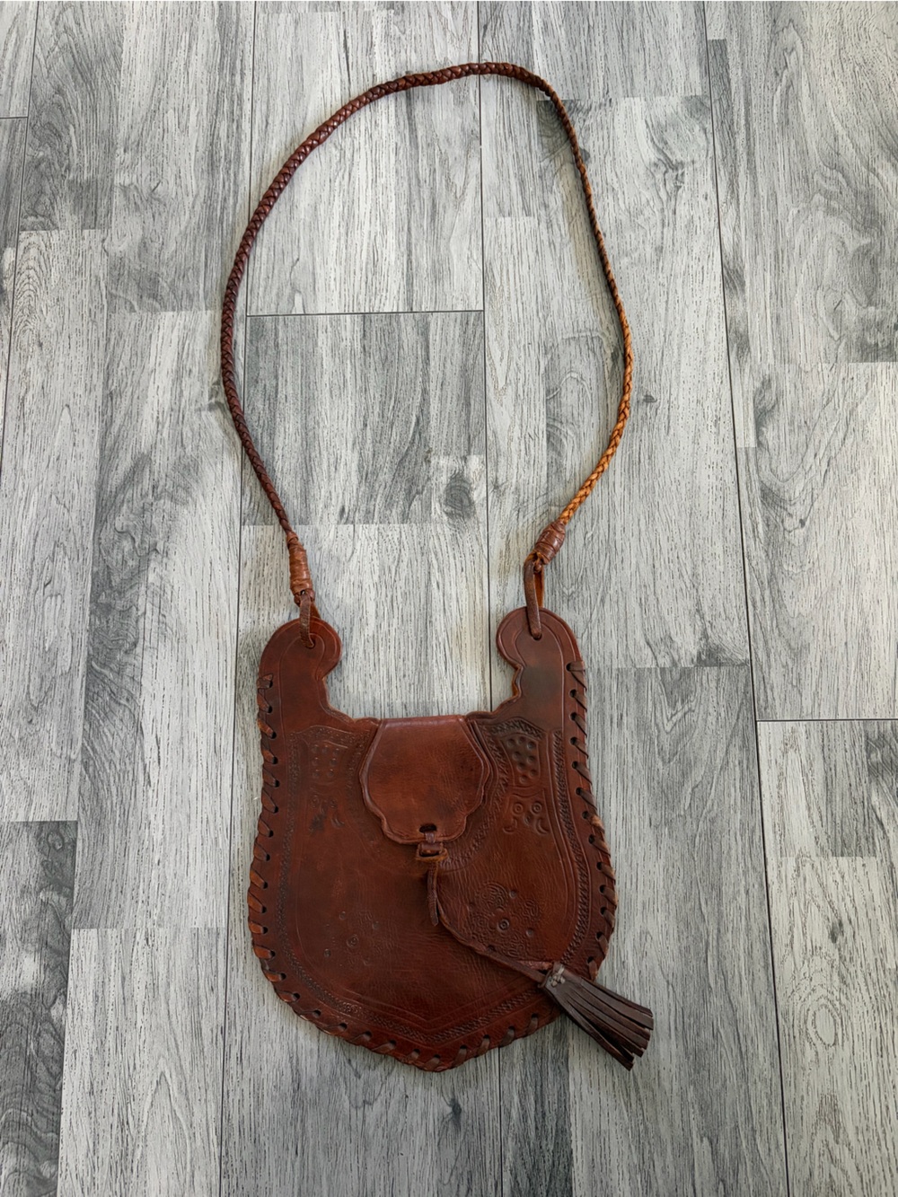Vintage Brown Hand-Tooled Leather Shoulder Bag with Braided Strap
